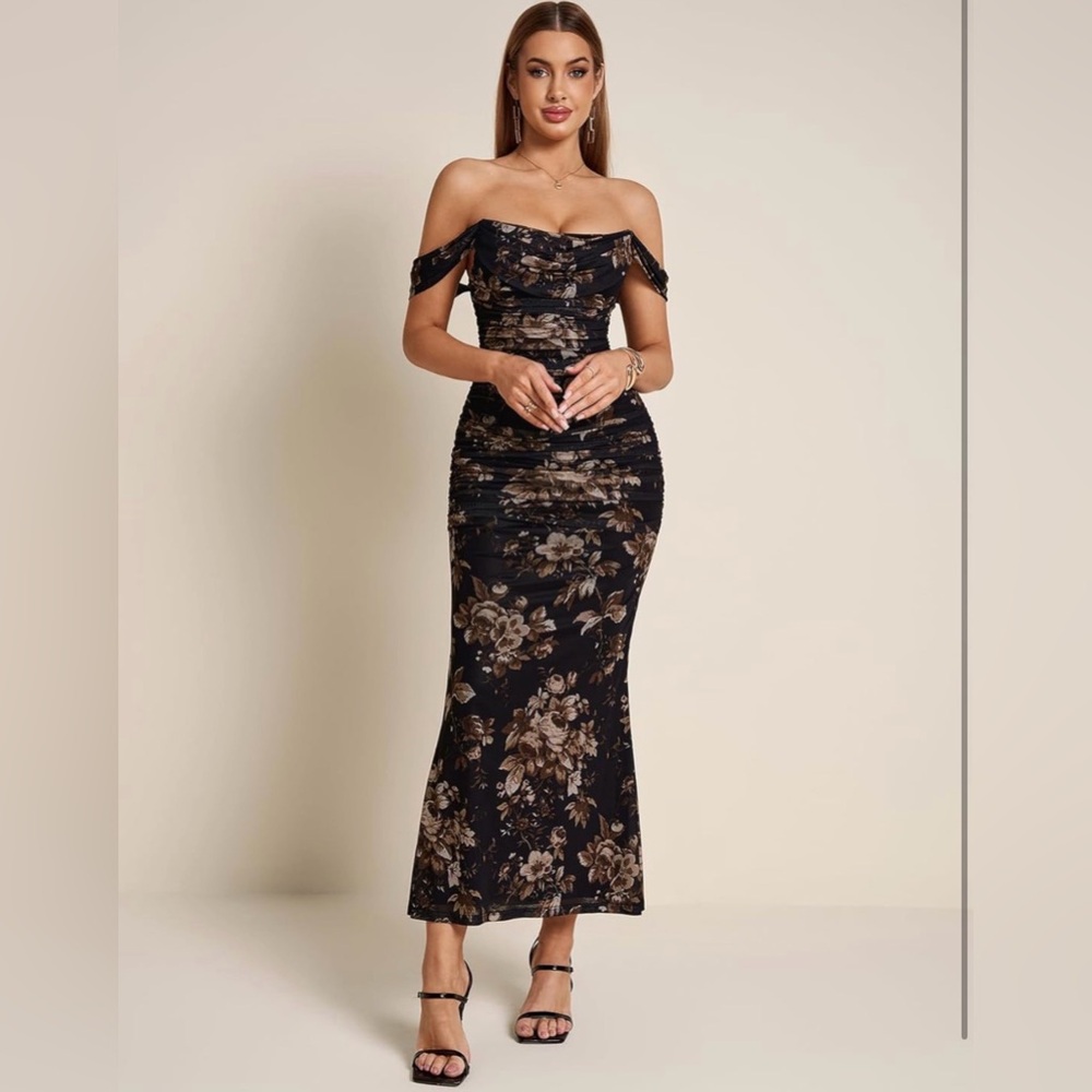 KUTUMAI Off The Shoulder Corset Ruched Bodycon Formal Wedding Guest Dress